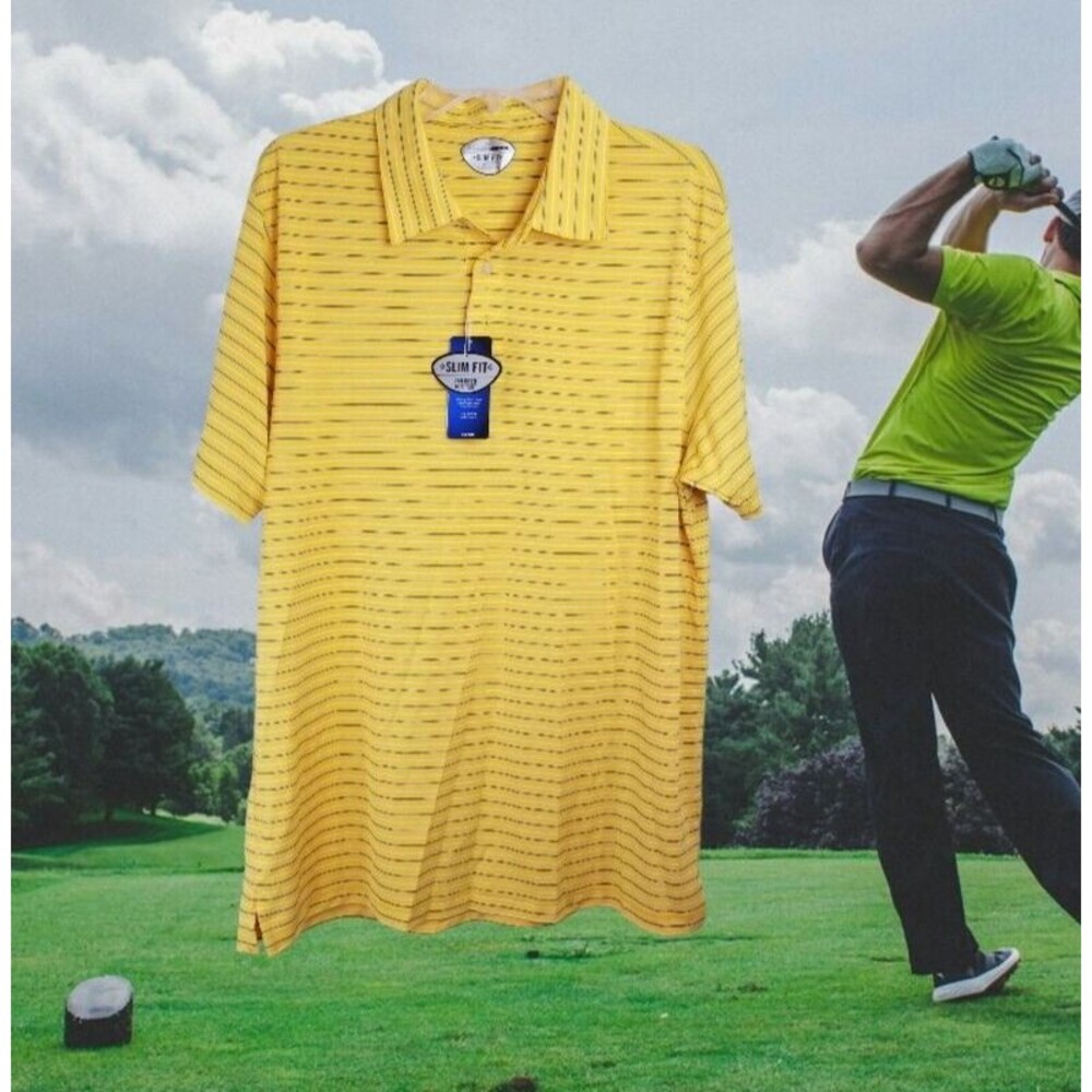 Men's Golf Polo Shirt Moisture Wicking Amber Yellow Stripe Grand Slam New XL